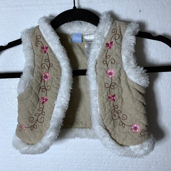 Disney Baby Size 18 Months Vest Faux Fur Trim Embroidered Floral Quilted Tan - Picture 1 of 6